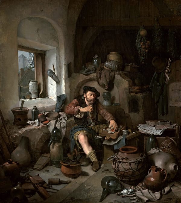 17th-century Dutch painting of an alchemist in his workshop, surrounded by glass vessels, ceramic jugs, papers, and scientific instruments in a cluttered stone-walled room with arched doorway